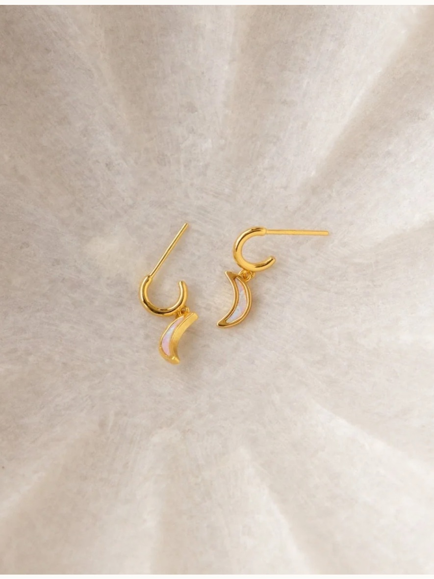 Nib! 18k Gold Crescent Moon Opal Drop Huggie Earrings - Women Jewelry — image 3 of 4